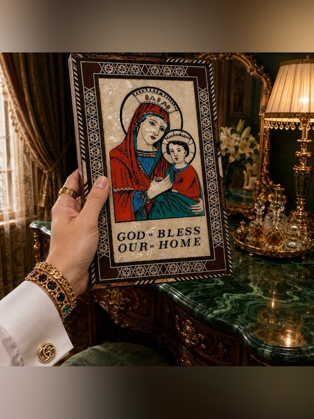 Vintage Original Fine Art Mother of Pearl Inlay Mosaic Virgin Mary Jesus Plaque